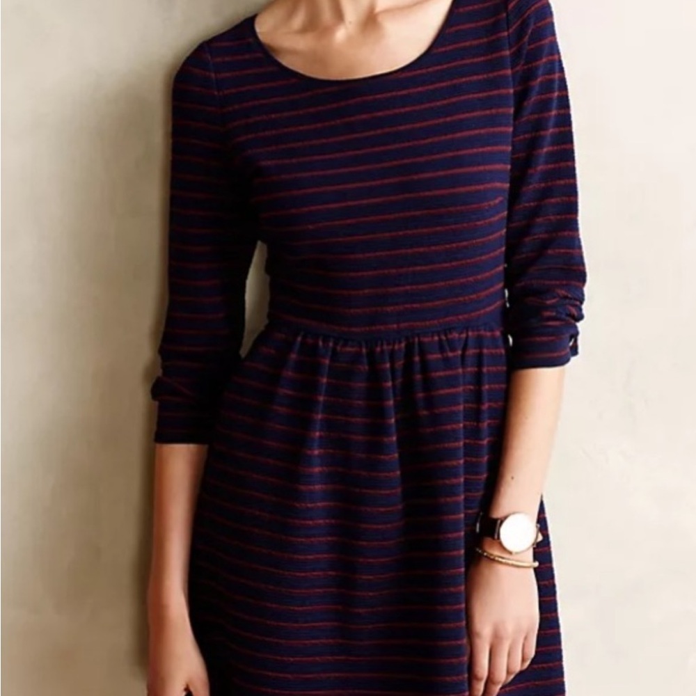 Maeve Anthropologie Navy & Burgundy Striped Dress Size 4